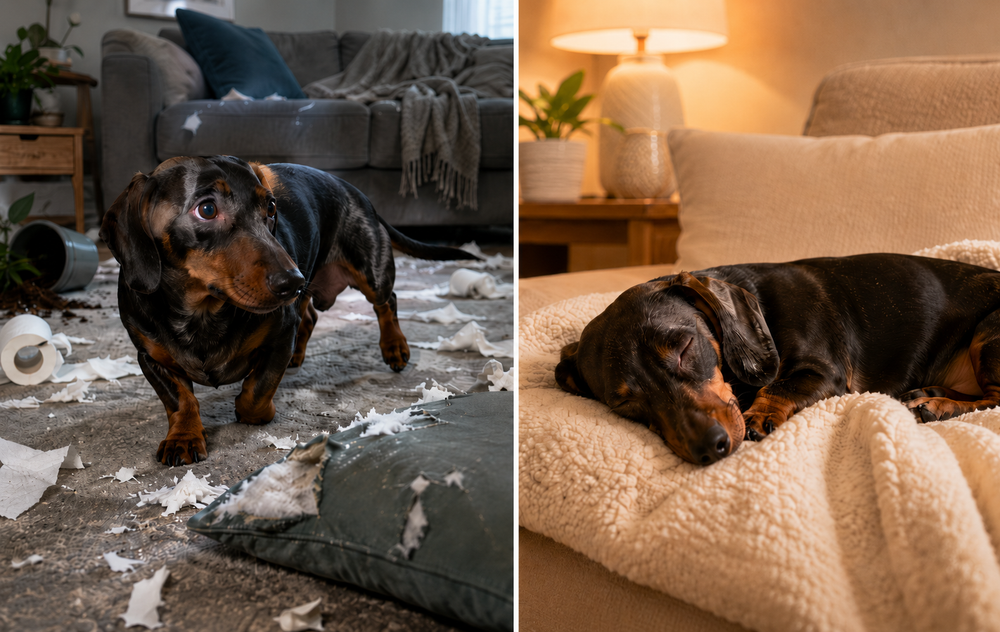Before and after: stressed vs calm dachshund