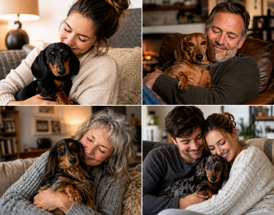 Dachshund lover hugging her doxie