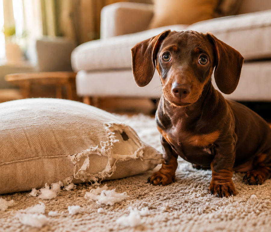 Curious dachshund puppy beside a torn pillow